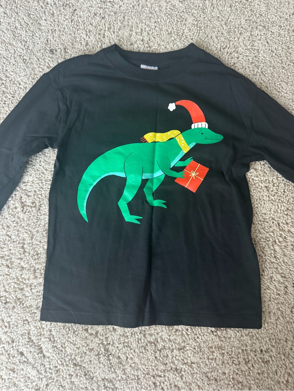 Hanna Andersson Black Long-Sleeve Tee with Green Dino Holiday Graphic
